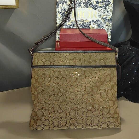 Coach Signature Print Crossbody Bag With Adjustable Strap In Tan/Brown Canvas & - Picture 2 of 16